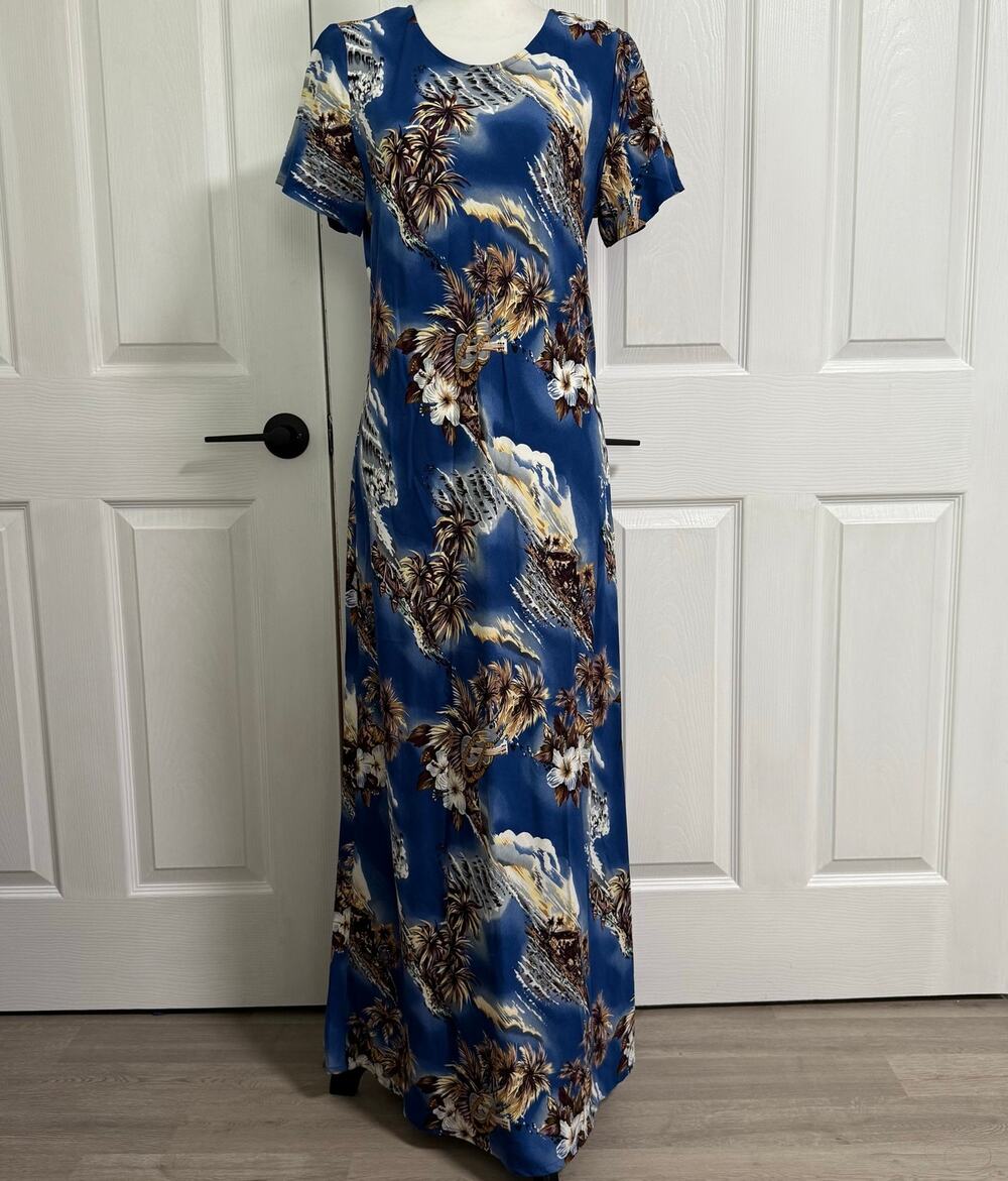 Hilo Hattie Women's Blue Hawaiian Maxi Dress Size Medium